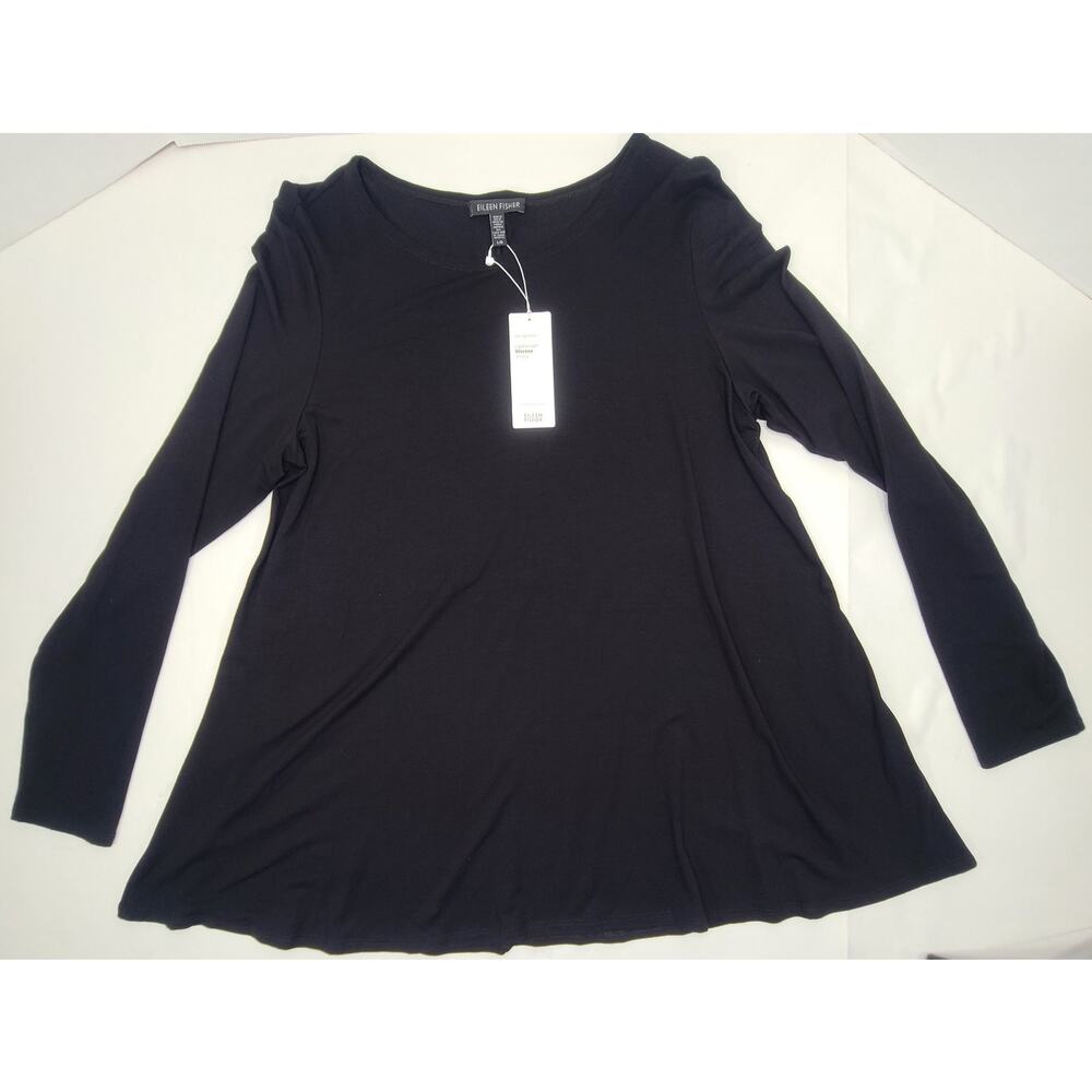 Eileen Fisher Womens L Black Long Sleeve Blouse Jewel Neck T4073M Viscose